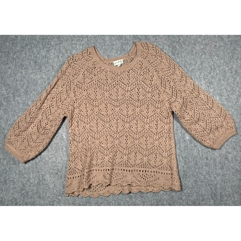 Wonderly Open Stitch Sweater in Blu/Parch 3/4 Sleeve Scalloped Hem Sweater Sz S